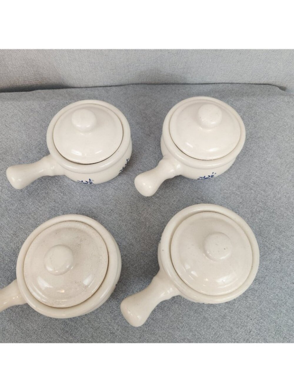 Vintage Glazed Stoneware Lot 4 Handle Crocks Beige Blue Floral French Onion USED - Picture 7 of 9